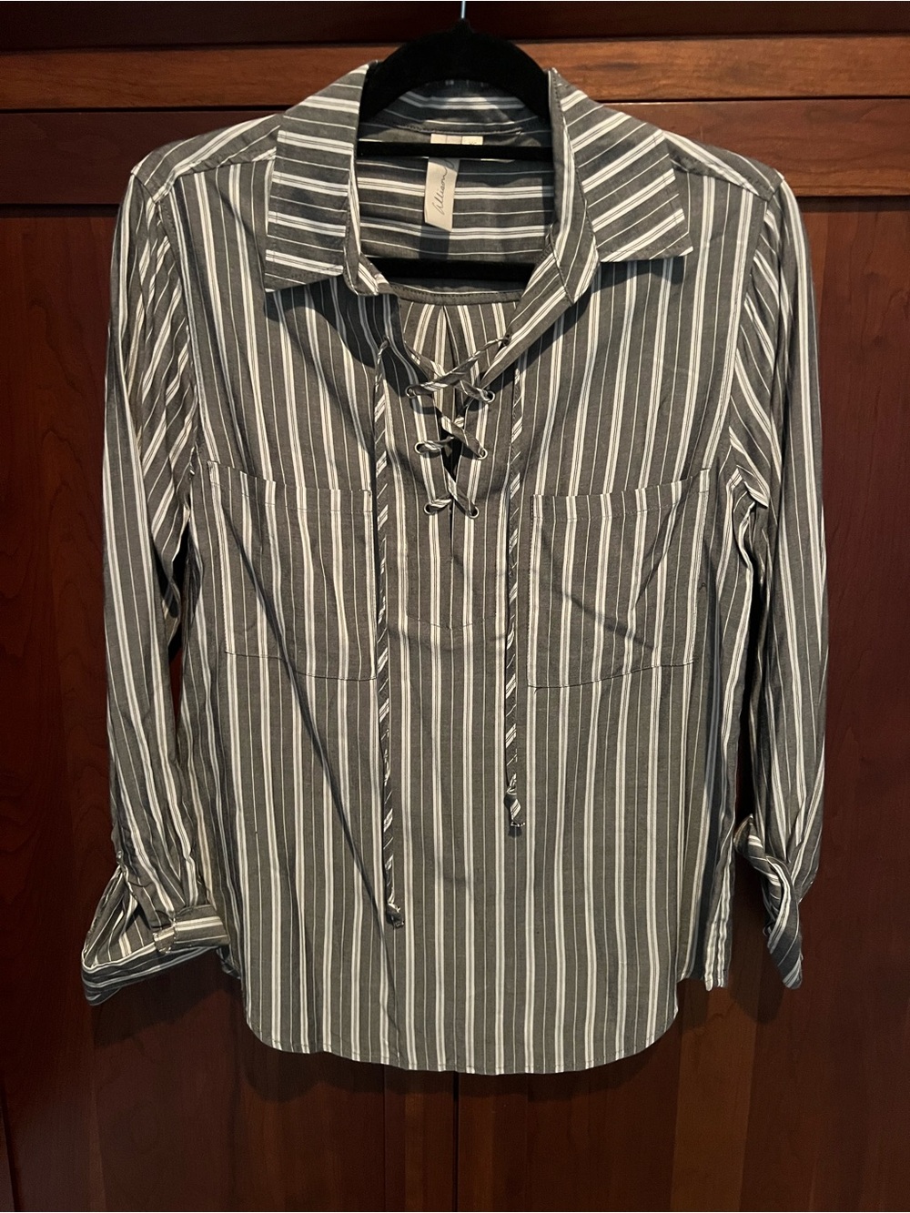 Allison Joy Gray and White Striped Lace-Up Long Sleeve Blouse
